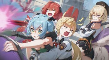4girls :d ^_^ alice_thymefield animal_ears black_hair blonde_hair blue_hair breasts closed_eyes firing green_eyes gun highres holding holding_gun holding_weapon large_breasts long_hair low_twintails lucia_elowen multicolored_hair multiple_girls open_mouth pointy_ears purple_eyes rabbit_ears red_hair roro_(tpghksdlzpq) shirt smile tentacles twintails two-tone_hair ukinami_yuzuha weapon white_shirt yidhari_murphy zenless_zone_zero