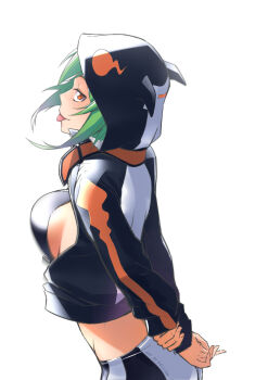 1girl arms_behind_back bike_shorts bikini black_bikini black_jacket black_shorts breasts cowboy_shot digimon digimon_world_re:digitize from_side green_hair highres hood hooded_jacket jacket keyliom looking_at_viewer medium_breasts open_clothes open_jacket shinomiya_rina shorts simple_background solo swimsuit tongue white_background