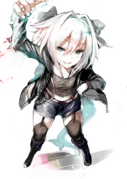 1boy artoria_pendragon_(fate) astolfo_(fate) blush braid cosplay evil_grin evil_smile fate/apocrypha fate/grand_order fate_(series) garter_straps grin hair_ribbon highres jacket long_hair looking_at_viewer male_focus official_alternate_costume p_answer ribbon saber_(fate) saber_alter saber_alter_(cosplay) saber_alter_(ver._shinjuku_1999) saber_alter_(ver._shinjuku_1999)_(fate) shorts single_braid smile solo thighhighs trap yellow_eyes