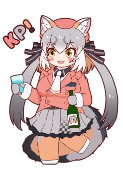 absurdres alcohol animal_ears belt brown_hair commentary_request cup extra_ears fox_ears fox_girl fox_tail gloves grey_hair hat highres holding holding_cup island_fox_(kemono_friends) jacket kanihai kemono_friends kemono_friends_v_project long_hair necktie pantyhose ribbon shirt shoes skirt sun3_bears tail twintails virtual_youtuber yellow_eyes