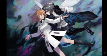 Rule 34 | 1girl, arthropod limbs, blue eyes, butterfly wings, chaldea logo, closed mouth, commentary request, dress, fate/grand order, fate (series), feet out of frame, fujimaru ritsuka (female), fujimaru ritsuka (female) (decisive battle chaldea uniform), fur trim, grey hair, insect wings, oberon (fate), oberon (third ascension) (fate), orange hair, parted lips, short hair, unconscious, white dress, wings, yatsushiro (8246428)