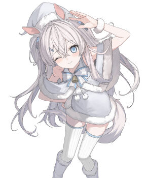 absurdres animal_ears aqua_bow blue_eyes bow christmas commentary english_commentary hat highres horse_ears horse_girl horse_tail indie_virtual_youtuber karyln kemono_friends kemonomimi_mode legs_up legwear_garter lying on_stomach petr_petrichor santa_hat shirt single_bare_foot single_thighhigh tail the_pose thighhighs virtual_youtuber white_hair white_shirt white_theme