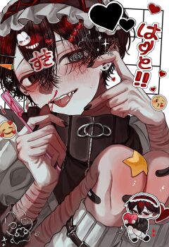 1boy :p @_@ aegyo_sal bandaid bandaid_on_knee bandaid_on_leg black_shirt blood chibi chibi_inset commentary_request eyebrow_razor fangs flustered half-heart_hands hands_up hat head_tilt highres holding hosikage4040 jacket knees_up leg_belt leg_warmers looking_at_viewer male_focus nosebleed original self-harm shirt solo thigh_cutting tongue tongue_out too_many_hair_ornaments white_jacket wrist_cutting