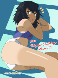 Rule 34 | 1girl, andou (girls und panzer), ass, bc freedom (emblem), bc freedom military uniform, bikini, black hair, breasts, brown eyes, dated, emblem, girls und panzer, happy birthday, highres, looking at viewer, lying, medium hair, messy hair, naotosi, on side, open mouth, saliva, signature, small breasts, solo, swimsuit, tan, tanline, thighs, waking up