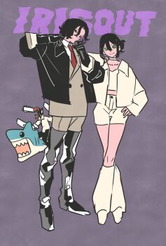 Rule 34 | 1girl, 3boys, adjusting clothes, aqua eyes, beam (chainsaw man), black boots, black coat, black gloves, black hair, black pants, boots, breasts, chainsaw devil, chainsaw man, choker, closed mouth, coat, collared shirt, commentary, crop top, crossed legs, denji (chainsaw man), dot mouth, formal clothes, full body, gloves, grey background, grey jacket, grey pants, grey suit, hair between eyes, hair bun, hand on own hip, highres, holding, holding microphone, jacket, loose socks, medium breasts, medium hair, microphone, mole, mole under eye, multiple boys, necktie, open mouth, pants, parted bangs, red necktie, reze (chainsaw man), riding shark, shark, sharp teeth, shirt, shoes, short hair, shorts, smile, socks, song name, suit, suit jacket, symbol-only commentary, takeuchi ryousuke, teeth, thigh boots, updo, wavy hair, white choker, white jacket, white shirt, white shoes, white shorts, yonezu kenshi (person)