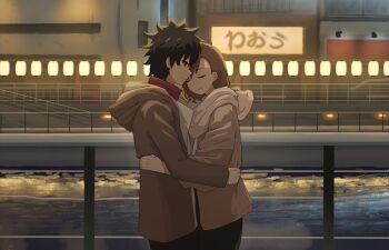 1boy 1girl black_eyes black_hair brown_coat brown_hair coat commentary commission couple english_commentary hetero highres hug kamijou_touma misaka_mikoto outdoors railing river riverbank scarf short_hair smile snow spiked_hair tatararashi toaru_kagaku_no_railgun toaru_majutsu_no_index white_scarf winter_clothes