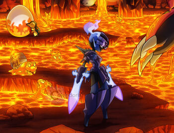 Rule 34 | artist name, camerupt, ceruledge, claws, closed eyes, commentary, cyndaquil, ditto, egg, english commentary, fire, flaming eye, gen 1 pokemon, gen 2 pokemon, gen 3 pokemon, groudon, highres, lava, lava bath, legendary pokemon, moltres, nintendo, pokemon, pokemon egg, pokemon snap, primal groudon, purple eyes, rock, slugma, thecalendork, transformed ditto, watermark