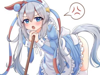 1girl anger_vein animal_ears apron bent_over blue_dress blue_eyes blue_hairband blush chinese_commentary commentary dress ear_covers fang grey_hair grey_tail hair_between_eyes hairband headband horse_ears horse_girl horse_tail leaning_forward long_hair long_sleeves looking_at_viewer maid maid_apron open_mouth puffy_sleeves red_headband simple_background sleeve_cuffs solo speech_bubble spoken_anger_vein striped_clothes striped_hairband tail tamamo_cross_(umamusume) thighhighs thighs twintails umamusume user_njyp2785 very_long_hair white_apron white_background white_thighhighs