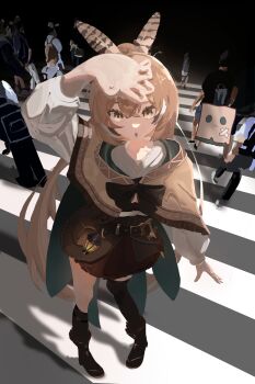 :o absurdres bag black_boots black_streaks boots brown_capelet brown_cloak brown_corset brown_eyes brown_hair capelet cloak contrapposto corset crosswalk curled_fingers dagger feather_hair_ornament feathers from_above hair_ornament hand_to_head highres hololive hololive_english knife lantern long_hair looking_at_viewer nanashi_mumei nanashi_mumei_(1st_costume) paper_bag pigeon-toed thighhighs very_long_hair weapon white_streaks