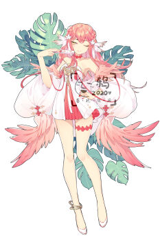 1girl 2020 absurdres anklet ballet_slippers bare_shoulders braid choker detached_sleeves dress flower folding_fan full_body hair_flower hair_ornament hand_fan highres holding holding_fan ibex jewelry leaf nail_polish one_eye_closed original pink_choker pink_hair pink_nails solo standing thigh_strap watermark white_background white_dress white_footwear yellow_eyes