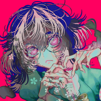 1boy :< bow bowtie braid brown_hair closed_mouth commentary dappled_sunlight eyes_visible_through_eyewear fingernails four-finger_heart_hands frilled_shirt_collar frills glasses green_shirt hair_between_eyes hands_up heart heart-shaped_pupils heart_hands highres long_fingernails looking_at_viewer low_twin_braids male_focus medium_hair original oyasumezzz pink_background puffy_short_sleeves puffy_sleeves round_eyewear saturated shirt short_sleeves sidelocks simple_background solo sunlight symbol-shaped_pupils tearing_up trap turning_head twin_braids upper_body yellow_bow yellow_bowtie