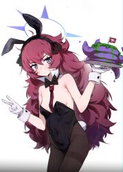 1girl alternate_costume animal_ear_hairband animal_ears armpit_crease bare_shoulders between_breasts black_bow black_bowtie black_hairband black_leotard black_pantyhose black_ribbon blue_archive blue_halo blush bow bowtie breasts closed_mouth commentary covered_navel cowboy_shot detached_collar dot_nose embarrassed fake_animal_ears fake_tail fine_fabric_emphasis flag fluffy_hair food frown gehenna_academy_logo gloves grey_eyes groin hair_between_eyes hair_bow hairband halo hands_up highleg highleg_leotard highres holding holding_tray iroha_(blue_archive) kyarupunch leaning_forward leotard loli long_hair looking_at_viewer necktie necktie_between_breasts pan-chan_(blue_archive) pancake pancake_stack pantyhose playboy_bunny rabbit_ears rabbit_tail red_hair red_necktie ribbon simple_background slit_pupils small_breasts solo standing strapless strapless_leotard sweatdrop tail thick_eyebrows thighband_pantyhose thighs tray v v-shaped_eyebrows very_long_hair wavy_hair white_background white_gloves white_wrist_cuffs wrist_cuffs