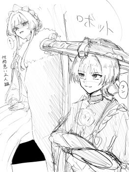 1boy 1girl armor blunt_bangs blunt_ends bodysuit choppy_bangs coat coat_on_shoulders crossed_arms dress fatui_coat frilled_sleeves frills fur-trimmed_coat fur_collar fur_trim furisode genshin_impact greyscale hands_on_own_thighs hat hatching_(texture) highres japanese_armor japanese_clothes jewelry jingasa kimono kote long_sidelocks looking_at_another maid_headdress monochrome neck_ring open_clothes open_kimono open_mouth pon_oi4 rope sandrone_(genshin_impact) scaramouche_(genshin_impact) shaded_face shimenawa short_hair short_hair_with_long_locks short_sleeves sidelocks sitting sketch smirk speech_bubble swept_bangs tilted_headwear translation_request tsurime turtleneck turtleneck_bodysuit white_background