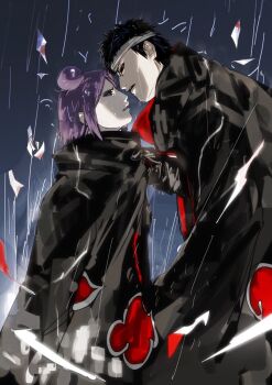 1boy 1girl akatsuki_(naruto) akatsuki_uniform black_hair clothes_grab konan_(naruto) looking_at_another naruto_(series) naruto_shippuuden paper purple_hair rain short_hair tockytacky39 uchiha_obito