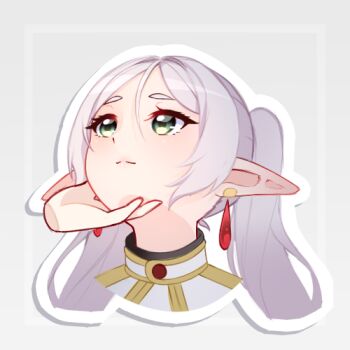 1girl capelet cropped_shoulders earrings elf frieren green_eyes grey_background hand_on_another&#039;s_chin jewelry lowres meme mitoart outline parted_bangs pointy_ears sousou_no_frieren teardrop_earrings twintails upward_angle_frieren_drawing_(meme) white_outline