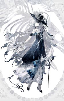 Rule 34 | 1girl, absurdres, beads, black hat, black shoes, blue bow, bow, cane, closed mouth, collarbone, commission, dress, expressionless, eyelashes, fish skeleton, full body, gradient hair, grey eyes, hat, hat ornament, highres, holding, holding cane, looking at viewer, mihuashi commission, multicolored hair, off-shoulder dress, off shoulder, original, ribbon, shen a fang, shoes, sidelocks, skeleton, solo, tentacles, watermark, white hair