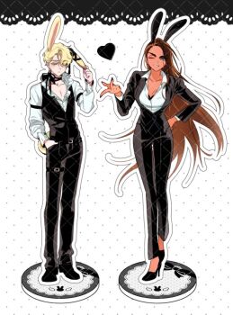 1boy 1girl alien_stage alternate_costume animal_ears armband black_bra black_nails black_pants black_shoes black_vest blonde_hair bra breasts brown_hair colored_eyelashes dark-skinned_female dark_skin fake_animal_ears grey_eyes hand_on_own_hip heart high_heels hyuna_(alien_stage) long_hair lubya luka_(alien_stage) official_alternate_costume one_eye_closed pants polka_dot polka_dot_background rabbit_ears shoes short_hair underwear very_long_hair vest watermark watermark_grid yellow_eyes