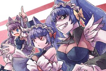 3girls animal_ears arc_system_works blue_eyes bow cat_ears celia celia_(chaos_code) celia_ii_kai chaos_code citolo fang fk_digital gothic_lolita hair_bow lolita_fashion multiple_girls pointing pointing_up red_eyes sharp_teeth teeth