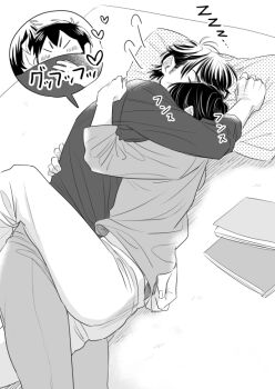 2boys ace_of_diamond blush commentary_request cuddling greyscale head_on_pillow heart interlocked_legs lahuahua long_sleeves lying male_focus miyuki_kazuya monochrome multiple_boys notebook on_side pants pillow sawamura_eijun short_hair sideburns speech_bubble translation_request yaoi