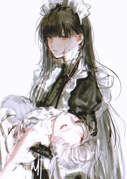 Rule 34 | 2girls, black dress, black eyes, black hair, blood, blood on face, carrying, carrying person, closed eyes, copyright request, dress, expressionless, highres, inuo (inuo x), long hair, looking at viewer, maid, maid headdress, multiple girls, simple background, very long hair, white background, white hair
