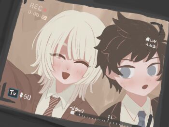 2boys :d :o aconmonis_st akinashi_haru black_hair black_jacket blue_eyes blue_necktie blush brown_cardigan brown_necktie cardigan closed_eyes collared_shirt commentary_request dress_shirt dutch_angle formal_clothes happy highres jacket looking_at_viewer male_focus multiple_boys necktie open_mouth portrait recording saihate_eki selfie shirt short_hair smile sweat tatsunami_shion user_interface white_hair white_shirt