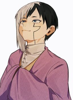 0a_9_(pixiv82791714) 1boy asagiri_gen asymmetrical_hair black_hair blue_eyes closed_mouth dr._stone hands_in_opposite_sleeves highres japanese_clothes looking_up male_focus multicolored_hair shirt short_hair simple_background smile smug solo split-color_hair two-tone_hair upper_body white_background white_hair white_shirt