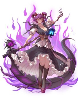 1girl absurdres adapted_costume adapted_weapon black_kimono black_socks breasts cleavage closed_mouth commentary dot_mouth edz_drawz english_commentary fire highres holding holding_scythe japanese_clothes kimono kimono_skirt lantern large_breasts okobo onozuka_komachi plant platform_sandals purple_fire purple_hair red_eyes sandals scythe socks solo touhou transparent_background two_side_up vines