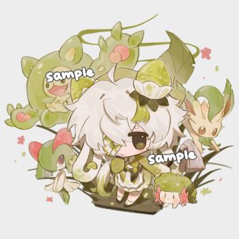 1girl ahoge apron bai_xiong_nailaojuan blush_stickers brown_eyes character_request chibi chibi_only closed_mouth dress full_body gen_3_pokemon gen_4_pokemon green_dress green_hair green_hat hair_between_eyes hand_up hat highres kirlia leafeon legendary_pokemon long_hair long_sleeves looking_at_viewer multicolored_hair mythical_pokemon nintendo original pokemon pokemon_(creature) sample_watermark shaymin shaymin_(land) simple_background standing two-tone_hair watermark white_apron white_background white_hair