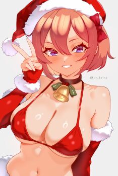 1girl absurdres alt_text artist_name bare_shoulders bell bikini black_choker blush bow breasts choker collarbone commentary doki_doki_literature_club fingerless_gloves fur-trimmed_gloves fur_trim gloves hair_between_eyes hair_bow hand_up hat highres jingle_bell kun_kaiss large_breasts looking_at_viewer navel neck_bell pink_hair purple_eyes red_bikini red_bow red_gloves red_hat santa_bikini santa_costume santa_hat sayori_(doki_doki_literature_club) shiny_skin short_hair simple_background skindentation smile solo stomach swimsuit upper_body v white_background