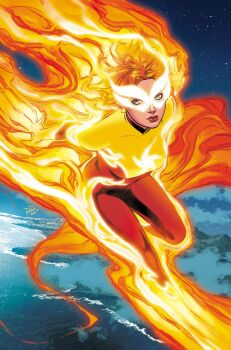 1girl aqua_eyes bodysuit comic_cover commentary earrings english_commentary fiery_hair fire firestar_(marvel) flying freckles glowing glowing_mask highres jewelry long_hair looking_to_the_side looking_up marvel matt_wilson multicolored_bodysuit official_art orange_hair pyrokinesis red_bodysuit russell_dauterman solo star_(symbol) star_earrings superhero_costume two-tone_bodysuit water western_comics_(style) x-men yellow_bodysuit
