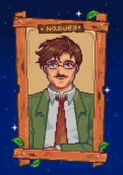 Rule 34 | 1boy, black-framed eyewear, blue sky, brown eyes, brown hair, brown necktie, character name, closed mouth, collared shirt, commentary, english commentary, facial hair, formal, glasses, green jacket, harvey (stardew valley), highres, jacket, leaf, long sleeves, looking at viewer, male focus, medium bangs, mimpish, mustache, necktie, picture frame, pixel art, portrait, shirt, short hair, sky, smile, solo, star (sky), stardew valley, starry sky, suit, white shirt