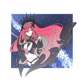 1girl baobhan_sith_(fate) baobhan_sith_(second_ascension)_(fate) black_pantyhose bracelet breasts commentary_request detached_sleeves earrings fate/grand_order fate_(series) grey_eyes hand_up highres hoop_earrings jewelry long_hair looking_at_viewer navel pantyhose pink_hair pointy_ears revealing_clothes sidelocks smile solo spiked_bracelet spikes torikai18 veil