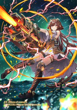 1girl ahoge armpits black_boots black_gloves boots bow brown_eyes brown_hair brown_shirt closed_mouth copyright_notice detached_sleeves electricity energy_beam energy_cannon energy_ring fingerless_gloves gears gloves goggles goggles_on_head grasslands holding_cannon light_particles long_hair night official_art outdoors prism_(z/x) shirt shooting_star shorts sky solo spinel_(9057) standing star_(sky) thigh_strap very_long_hair white_shorts z/x