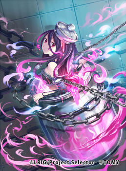 1girl black_tube_top chachie chain closed_mouth copyright_notice looking_at_viewer looking_to_the_side multicolored_hair official_art pink_hair purple_hair red_eyes solo strapless streaked_hair tube_top vier_(wixoss) wixoss