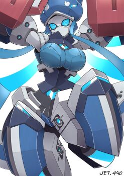 armor arms_up blue_eyes blue_hair blue_hat breasts character_name commission hat highres humanoid_robot jet_(jetngs) joints large_breasts long_hair no_mouth original phantasy_star phantasy_star_online_2 robot robot_girl robot_joints second-party_source shigure1213 skeb_commission wide_hips