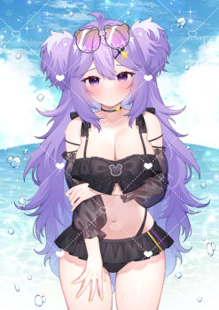 Rule 34 | 1girl, ahoge, bare shoulders, bikini, black bikini, black choker, black sleeves, blue sky, blush, breasts, chitetan, choker, cleavage, closed mouth, cloud, collarbone, commentary request, copyright request, day, detached sleeves, dotted line, eyewear on head, hair between eyes, hand on own elbow, heart, highleg, highleg bikini, large breasts, layered bikini, long sleeves, looking at viewer, navel, ocean, outdoors, puffy long sleeves, puffy sleeves, purple eyes, purple hair, see-through clothes, see-through sleeves, sky, solo, sunglasses, swimsuit, two side up, virtual youtuber, water, water drop, watermark