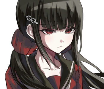 1girl black_sailor_collar closed_mouth collarbone commentary_request danganronpa_(series) danganronpa_v3:_killing_harmony grey_background hair_ornament hair_scrunchie harukawa_maki highres hishaku_(hisyakusama) long_hair mole mole_under_eye red_eyes red_scrunchie red_shirt sailor_collar scrunchie shirt simple_background solo twintails very_long_hair