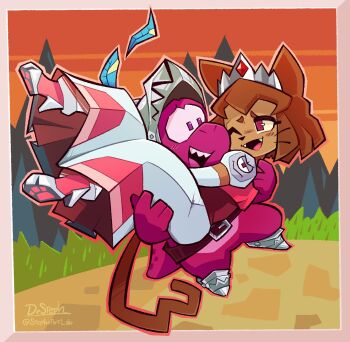 animal_ears armor brown_hair carrying cat_ears cat_girl cat_tail commentary dark-skinned_female dark_skin dinosaur dress english_commentary furry furry_female gameoverse gobbles_(gameoverse) greaves helmet high_heels highres kaboodle_(gameoverse) kit_bodega princess_carry red_eyes stephsartlab tail tiara whiskers