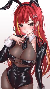 1girl absurdres akane_lize animal_ear_hairband animal_ears artist_name bikini bikini_top_only black_hairband black_leotard black_necktie black_sleeves blush bodystocking breasts collar commentary_request cowboy_shot cross cross_earrings detached_collar detached_sleeves earrings eruhi_kitty eyepatch_bikini fake_animal_ears fingernails grey_eyes groin hairband hand_up highres jewelry korean_commentary large_breasts leather_leotard leotard long_hair mole mole_under_eye nail_polish necktie parted_bangs playboy_bunny rabbit_ear_hairband rabbit_ears red_hair red_nails short_necktie simple_background sleeve_cuffs solo stellive straight_hair swimsuit thigh_strap twitter_username very_long_hair virtual_youtuber white_background white_collar wing_collar