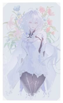 1girl absurdres ahoge black_leotard breasts commentary_request dress fate/grand_order fate_(series) flower highres lady_avalon_(fate) lady_avalon_(first_ascension)_(fate) leotard looking_at_viewer medium_breasts merlin_(fate/prototype) open_mouth pink_eyes solo white_dress white_hair yu_4444fg