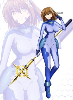 1girl absurdres alternate_eye_color blue_bodysuit bodysuit breasts brown_hair cameltoe closed_mouth covered_navel dark_persona fingerless_gloves full_body gloves grin hair_ornament highres holding holding_staff large_breasts looking_at_viewer lyrical_nanoha mahou_shoujo_lyrical_nanoha_strikers mind_control multicolored_bodysuit numbers&#039;_uniform oshimaru026 schwertkreuz skin_tight smile solo staff standing two-tone_bodysuit x_hair_ornament yagami_hayate yellow_eyes