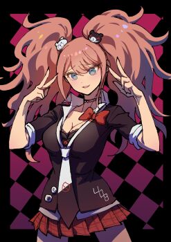 1girl absurdres bear_hair_ornament big_hair black_shirt blonde_hair blue_eyes bow breasts choker cleavage collarbone danganronpa:_trigger_happy_havoc danganronpa_(series) enoshima_junko hair_ornament highres large_breasts long_hair looking_at_viewer necktie red_bow red_skirt shirt skirt smile solo teeth twintails two-tone_necktie white_necktie youko-shima