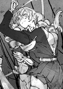 1girl braid breasts cleavage closed_mouth demon_slayer_uniform frown greyscale hair_between_eyes kanroji_mitsuri kimetsu_no_yaiba kiyono_(_kiyotsugu) long_hair medium_breasts mole mole_under_each_eye mole_under_eye monochrome multiple_braids multiple_moles pleated_skirt plunging_neckline ribbed_thighhighs sandals skindentation skirt solo thighhighs