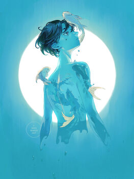 1boy androgynous artist_logo blue_background blue_eyes blue_hair blue_scales blue_sclera blue_skin blue_theme bubble circle closed_mouth colored_sclera colored_skin commentary english_commentary fish from_behind frown glowing liquid logo loika looking_up male_focus monochrome nude original see-through_body short_hair simple_background solo surreal topless_male upper_body water