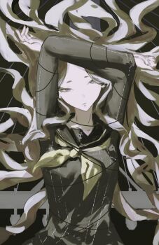 1girl arms_up black_sailor_collar black_shirt brown_hair closed_mouth floating_hair highres k1kiwa konishi_saki long_hair long_sleeves looking_at_viewer neckerchief persona persona_4 sailor_collar school_uniform shirt short_eyebrows solo upper_body very_long_hair yasogami_school_uniform yellow_neckerchief