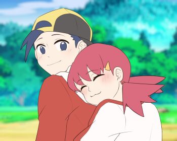 1boy 1girl :3 backwards_hat baseball_cap blue_eyes blue_hair blush commission commissioner_upload couple ethan_(pokemon) hair_ornament hat hood hoodie hug hug_from_behind looking_back nintendo pink_hair pokemon pokemon_hgss royyahn smile striped_clothes twintails whitney_(pokemon)