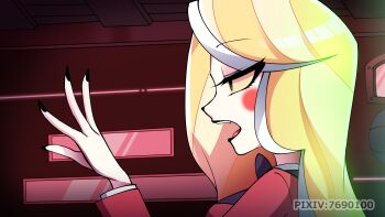 1girl animal_nose black_bow black_bowtie black_eyes black_lips black_nails blonde_hair bow bowtie charlie_morningstar circle_facial_mark collared_shirt commentary_request eyeshadow fewer_digits fingernails from_side half-closed_eyes hand_up hazbin_hotel hellaverse highres indoors jacket jitome layered_sleeves long_hair looking_ahead makeup menattou multicolored_hair nail_polish open_mouth pale_skin pink_eyeshadow pixiv_id portrait profile prototype_design red_jacket sharp_fingernails shirt simple_background solo streaked_hair teeth tongue two-tone_hair upper_teeth_only white_hair white_shirt window