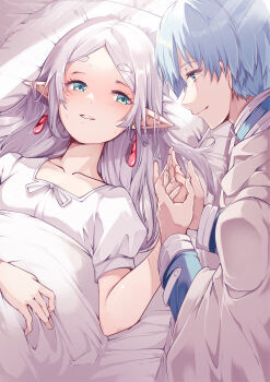 1boy 1girl absurdres bed bed_sheet blue_hair blue_shirt cloak collarbone commentary_request earrings elf fever frieren green_eyes hand_grab highres himmel_(sousou_no_frieren) holding_hands jewelry long_hair looking_at_another lying mole mole_under_eye on_back pillow pointy_ears risumi_(taka-fallcherryblossom) shirt short_hair short_sleeves sousou_no_frieren under_covers white_cloak white_hair white_shirt