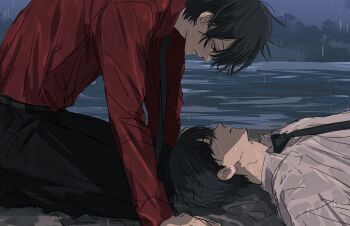 2boys black_hair black_necktie black_pants closed_mouth commentary_request eyepatch highres kamata_(nr_ng99) kneeling looking_at_another lying male_focus multiple_boys necktie on_back ooe_(game) oosaki_(ooe) outdoors pants rain red_eyes red_shirt shinbashi_(ooe) shirt short_hair white_shirt