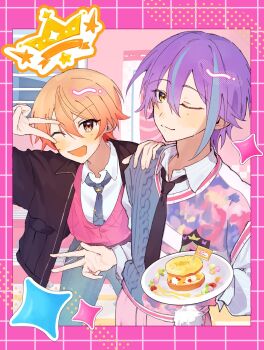 2boys black_necktie closed_mouth commentary food highres holding holding_plate kamishiro_rui long_sleeves looking_at_viewer male_focus multiple_boys necktie one_eye_closed open_mouth plate project_sekai purple_hair sachooom smile sparkle symbol-only_commentary tenma_tsukasa v yellow_eyes